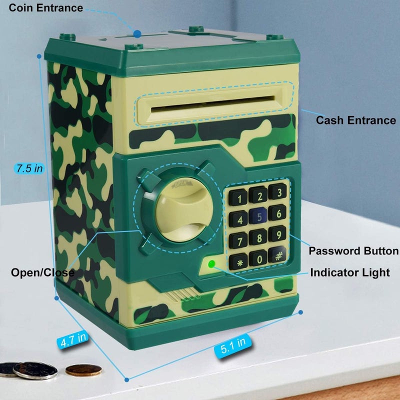 Yoego Kids Money Bank, Electronic Piggy Banks, Great Gift Toy for Kids Children, Auto Scroll Paper Money Saving Box Password Coin Bank,Perfect Toy Gifts for Boys Girls (Green Camo) - Image 3