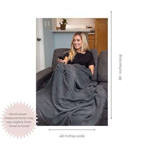 InfuseZen Stonewashed Turkish Throw Blanket - 100% Organic Cotton - 80" x 48" - Soft, Lightweight, Cozy - for Couch, Sofa, Picnic, Yoga - Charcoal Grey - Image 3