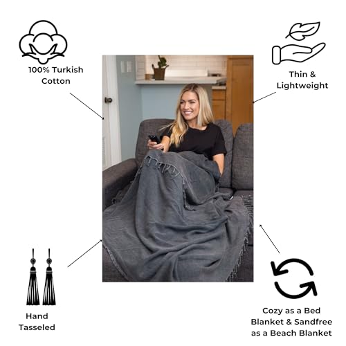 InfuseZen Stonewashed Turkish Throw Blanket - 100% Organic Cotton - 80" x 48" - Soft, Lightweight, Cozy - for Couch, Sofa, Picnic, Yoga - Charcoal Grey - Image 2