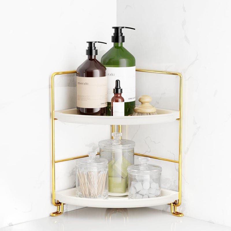VHG 2Tier Corner bathroom Counter Organizer Toolless Installation Vanity Shelf Small Plastics Countertop Makeup Tray Skincare Perfume Organizers Gold - Image 1