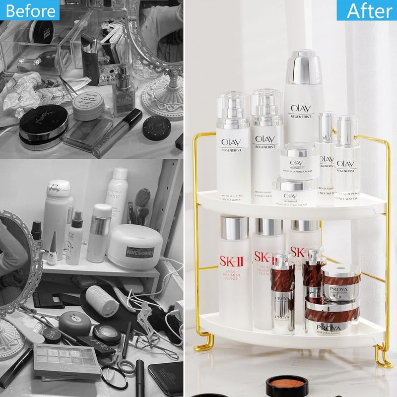 VHG 2Tier Corner bathroom Counter Organizer Toolless Installation Vanity Shelf Small Plastics Countertop Makeup Tray Skincare Perfume Organizers Gold - Image 2