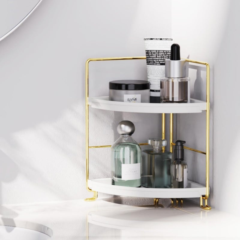 VHG 2Tier Corner bathroom Counter Organizer Toolless Installation Vanity Shelf Small Plastics Countertop Makeup Tray Skincare Perfume Organizers Gold - Image 4