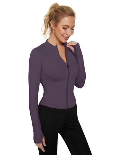 LUYAA Workout Jackets Women Fall 2024 Long Sleeve Athletic Golf Shirts Sports Active Crop Top Slim Fit Dark Grey Purple M - Image 2