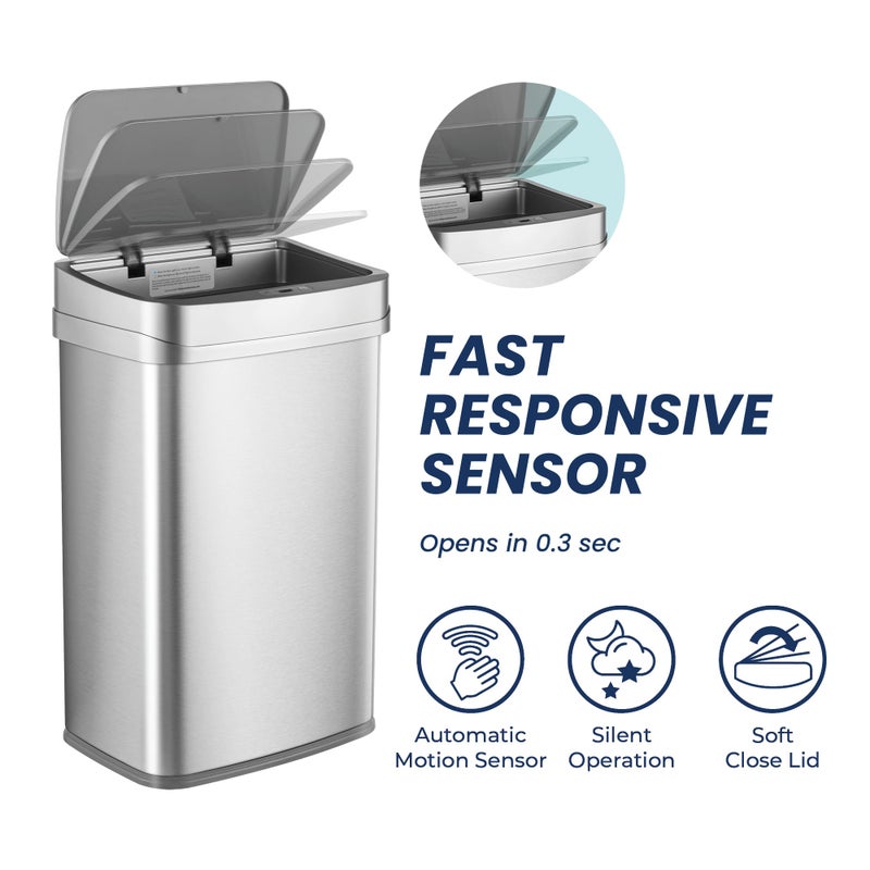 Ninestars 13 Gallon Odor Neutralizing Smart Trash Can, UV + Ozone Dual Purification, Odor Control Motion Sensor Garbage Bin, Universal Power Adapter, ONT-50-81SL Stainless Steel, Silver, Nova Series - Image 4