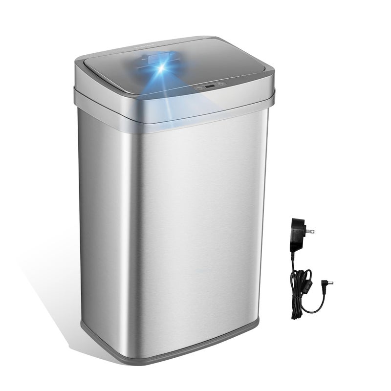 Ninestars 13 Gallon Odor Neutralizing Smart Trash Can, UV + Ozone Dual Purification, Odor Control Motion Sensor Garbage Bin, Universal Power Adapter, ONT-50-81SL Stainless Steel, Silver, Nova Series - Image 1