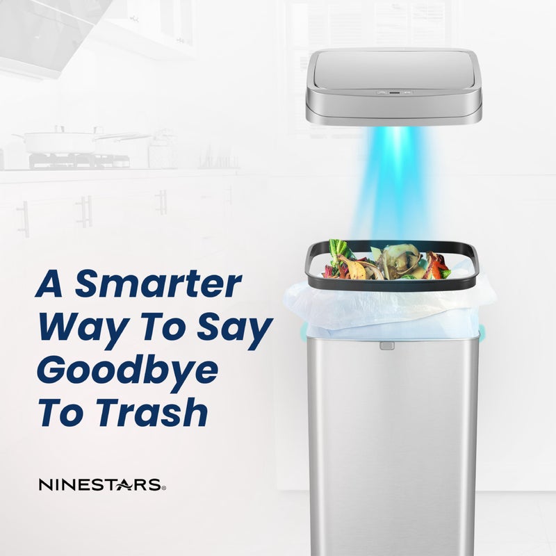 Ninestars 13 Gallon Odor Neutralizing Smart Trash Can, UV + Ozone Dual Purification, Odor Control Motion Sensor Garbage Bin, Universal Power Adapter, ONT-50-81SL Stainless Steel, Silver, Nova Series - Image 2