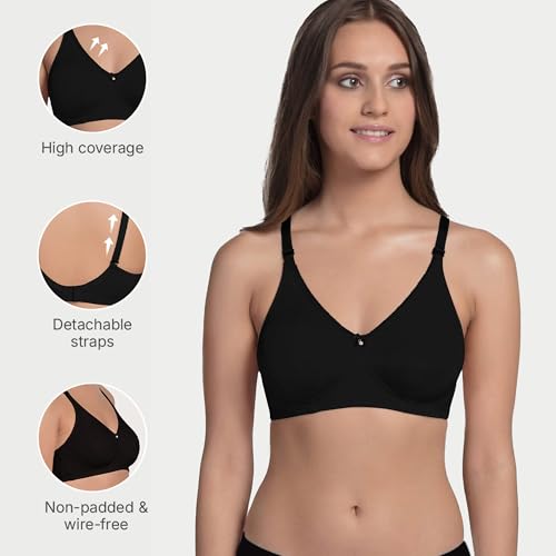 Enamor A055 Stretch Cotton Comfort Shaper With Detachable Straps T-Shirt Bra - Non-Padded Wirefree High Coverage - Black - Image 3