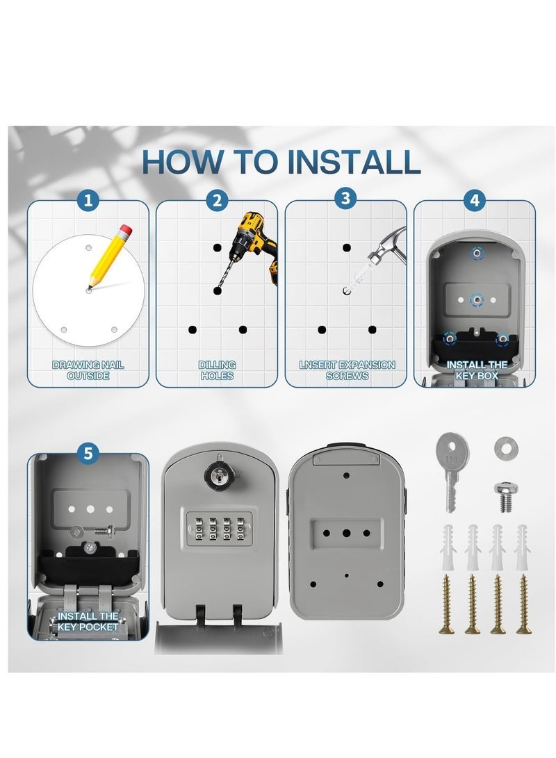 Lock Box Extra Large, 4 Digit Lock and Spare Key Combination Key Safe Box Wall Mounted for Outdoor, Waterproof Key Storage Box Cabinets for Home Office Garage School Grey - Image 4