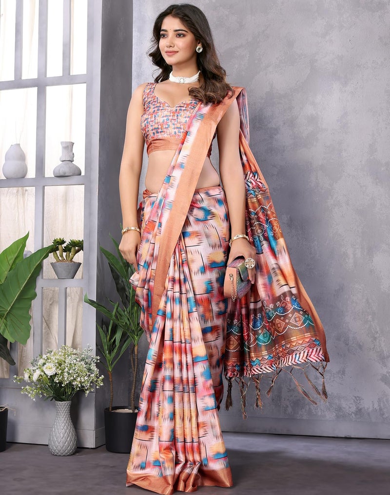 Yashika Women's Digital Print Art Silk Cotton Saree with Tassels and Golden Border - Lightweight and Elegant Ethnic Wear for Festive and Casual Occasions (AZ-YS-P1-PUSHPA 15) - Image 3