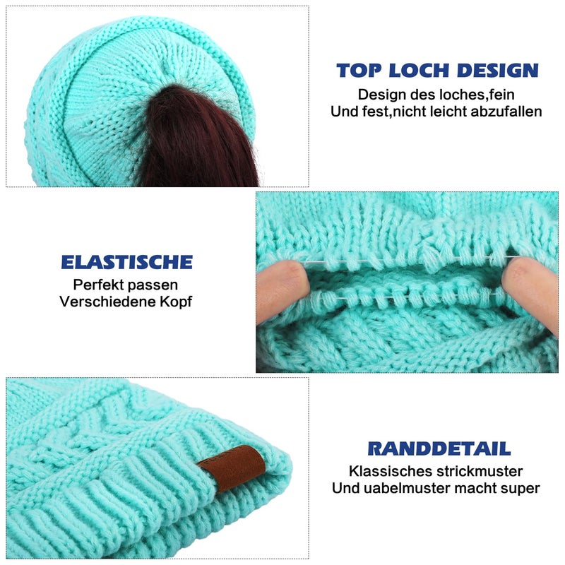 Pukavt 1 Pack Winter Hat Ponytail Beanie Hat for Women, Soft Stretch Cable Knit Messy Bun Beeanie,Trendy and Warm Blue - Image 3