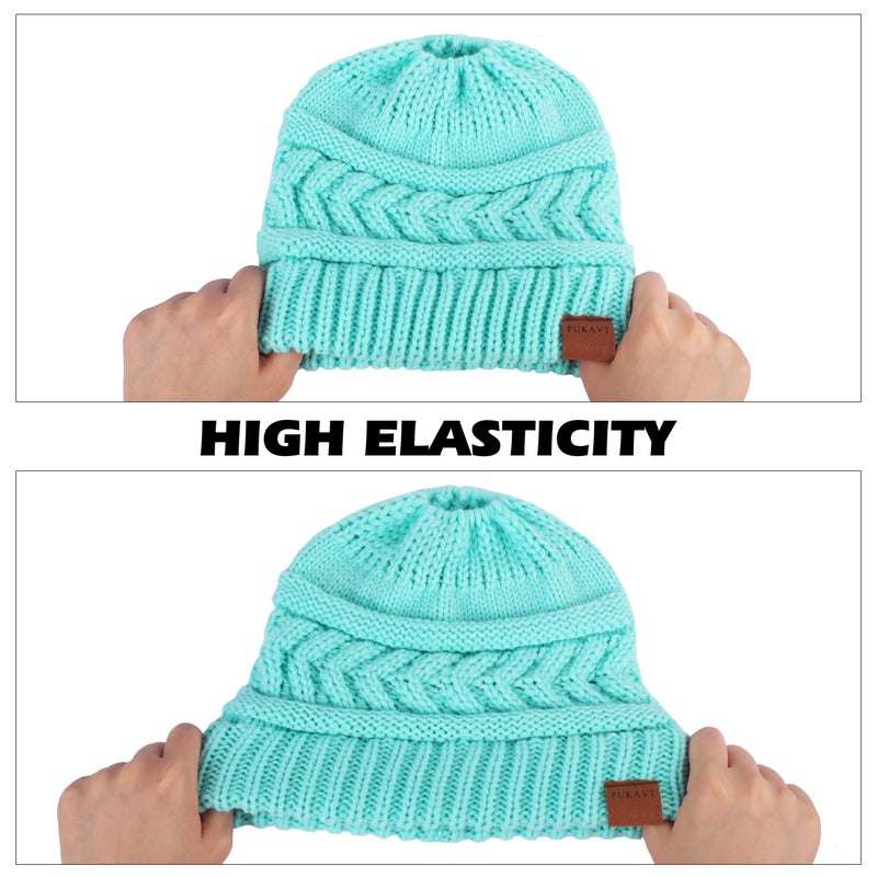 Pukavt 1 Pack Winter Hat Ponytail Beanie Hat for Women, Soft Stretch Cable Knit Messy Bun Beeanie,Trendy and Warm Blue - Image 2