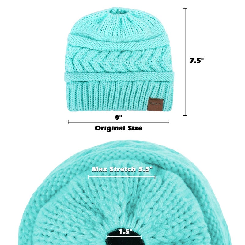 Pukavt 1 Pack Winter Hat Ponytail Beanie Hat for Women, Soft Stretch Cable Knit Messy Bun Beeanie,Trendy and Warm Blue - Image 4