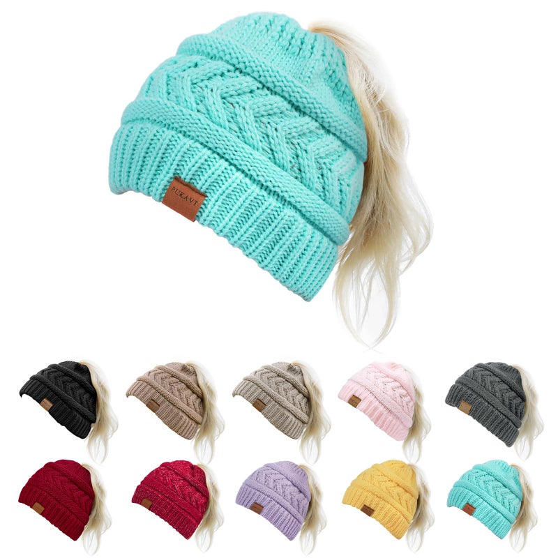 Pukavt 1 Pack Winter Hat Ponytail Beanie Hat for Women, Soft Stretch Cable Knit Messy Bun Beeanie,Trendy and Warm Blue - Image 1
