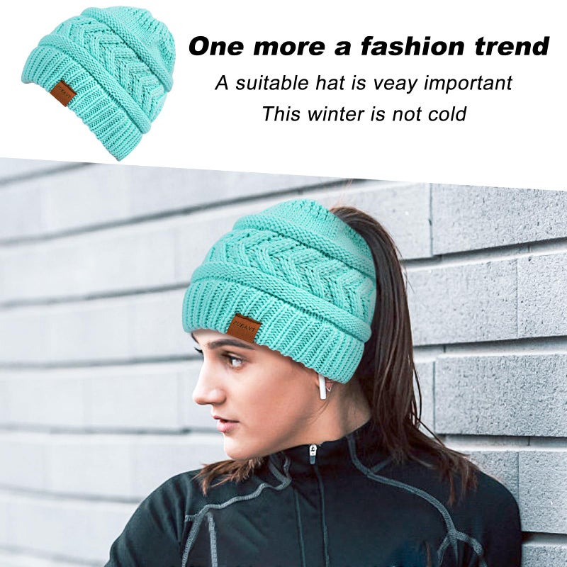 Pukavt 1 Pack Winter Hat Ponytail Beanie Hat for Women, Soft Stretch Cable Knit Messy Bun Beeanie,Trendy and Warm Blue - Image 5