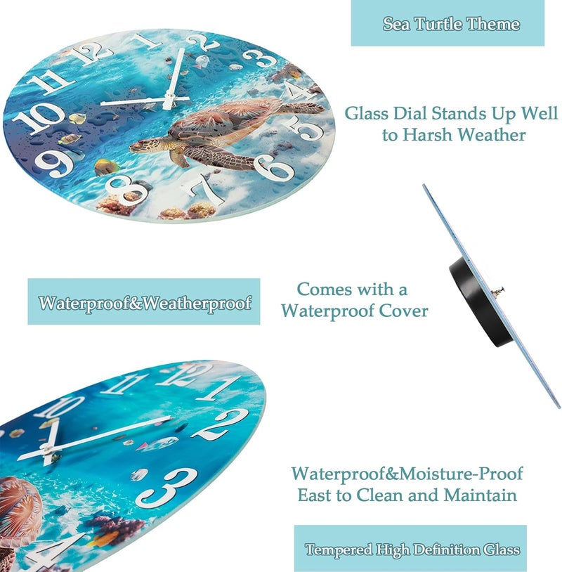 Yoiolclc Outdoor Clock Waterproof Ocean Nautical Wall Clocks for Patio Pool Garden Bathroom Home Decor(12 Inch,Blue,Sea Turtle) - Image 2