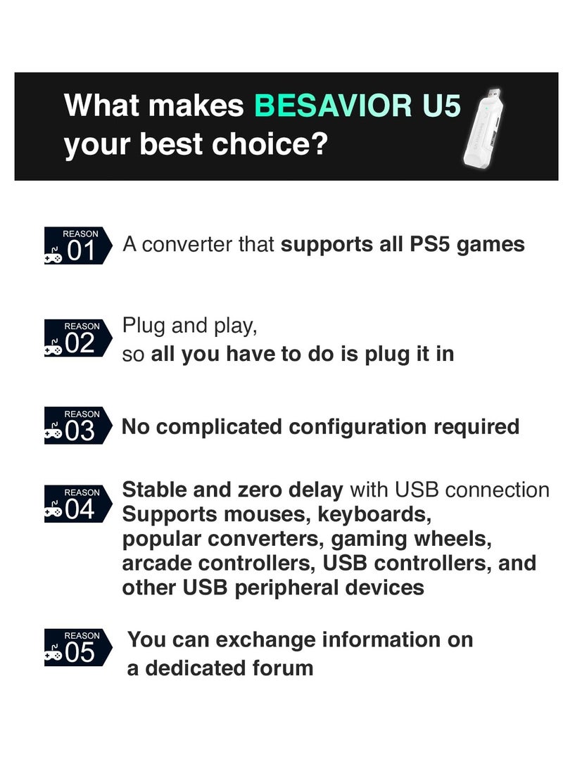 Excefore - U5 Converter Adapter Emulator for PS5 Game Console, Wireless Console Adapters, Compatible with XIM Matrix APEX REASNOW S1 Titan Various Peripherals for Various Official PS5 Games - Image 1