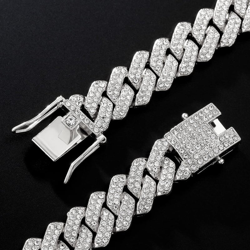 JUNVirtuous 2 Pieces Cuban Link Chain Mens Iced Out Miami Cuban Necklace and Bracelet Silver Bling Diamond Hip Hop Jewelry for Men and Women (Silver, 8" Bracelet and 20" Necklace) - Image 3
