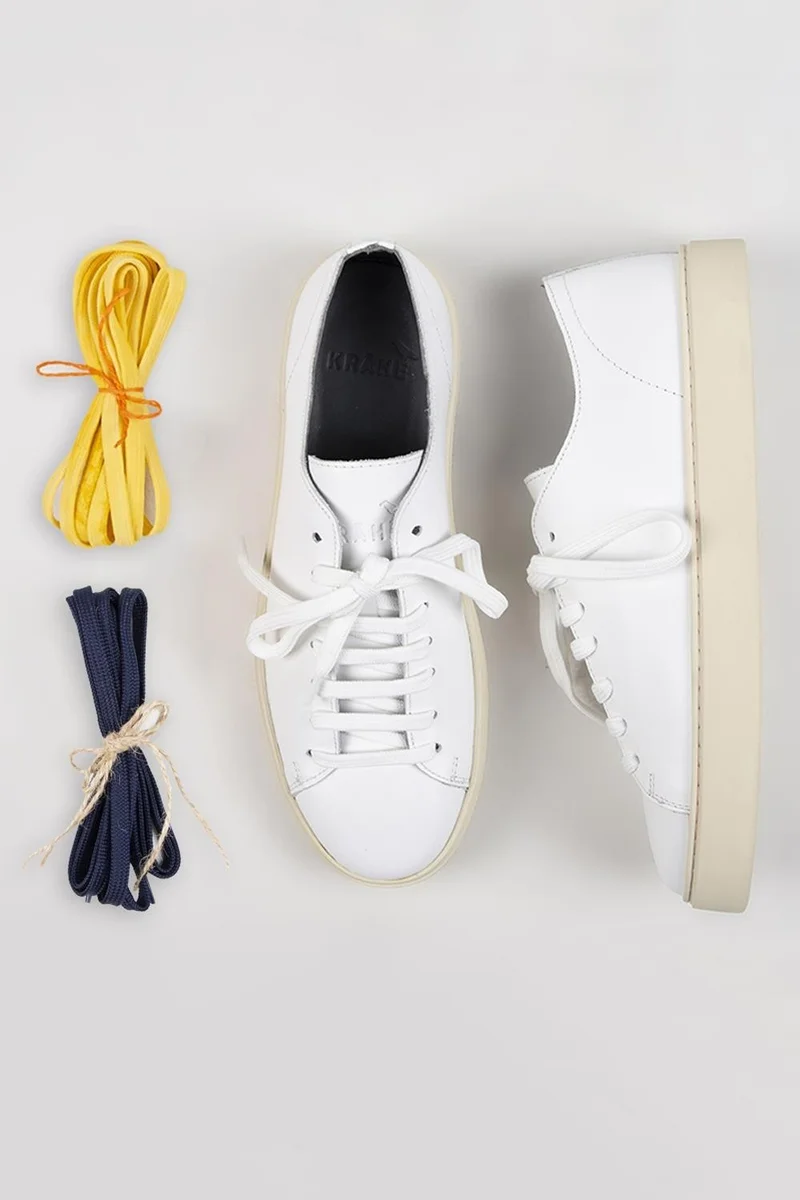 Manijero Krahe Ares Men's Genuine Leather Hand-Painted White Sneakers with Laces and Two Spare Laces