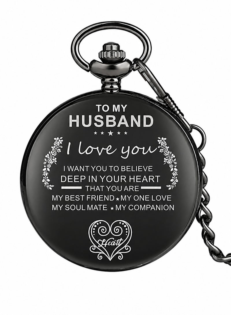 Asmara Engraved Pocket Watch for Husband – Retro Black Quartz Pocket Watch with Chain – Romantic Vintage Gift for Husband – Anniversary Birthday Valentine Gift - Image 1
