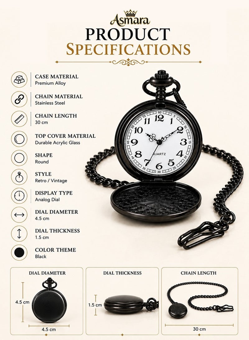 Asmara Engraved Pocket Watch for Husband – Retro Black Quartz Pocket Watch with Chain – Romantic Vintage Gift for Husband – Anniversary Birthday Valentine Gift - Image 5