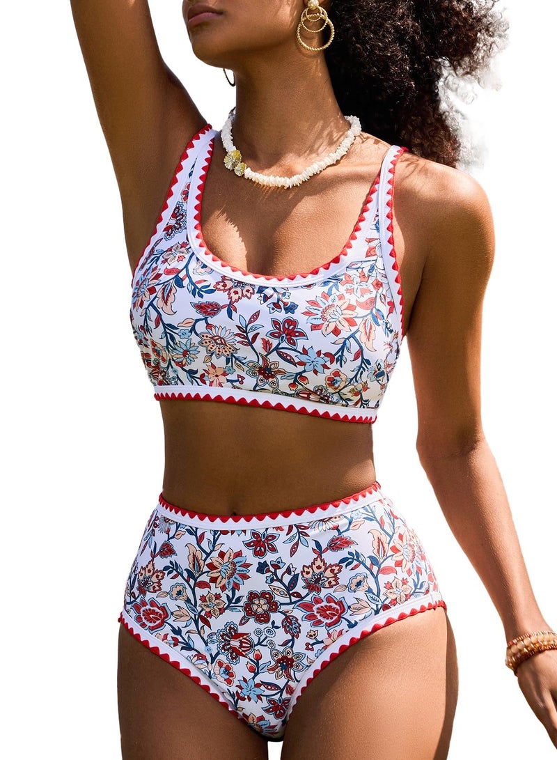 Herseas Women's Bikini Sets Floral Print Shell Stitch Swimsuits High Rise Scoop Stretchy Bathing Suits Modest Red Vacation Outfits Medium - Image 1