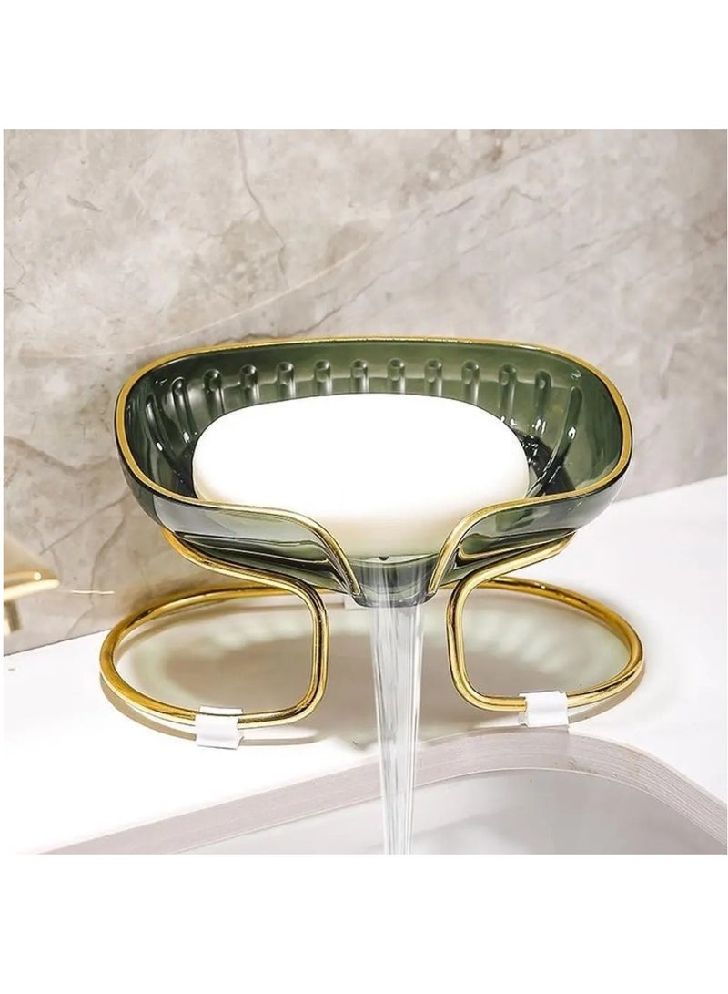 Soap Dish Self Draining Soap Holder Easy to Clean Soap Holder with Gold Metal Holder, Suitable for Shower, Bathroom, Kitchen Sink, Bathtub (Green) - Image 1