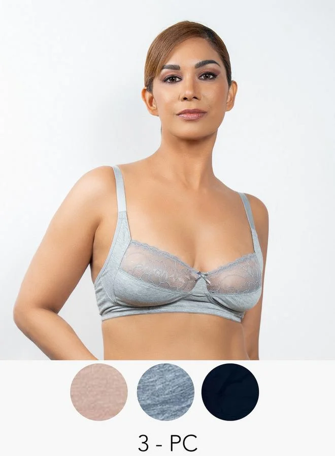 Aadaraya Set of 3 - Aadaraya Laced Balconette Bra with Hook and Eye Closure