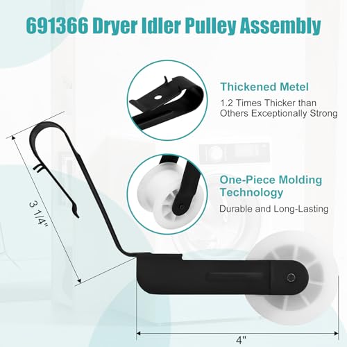 Iococee Upgraded 4392065 Dryer Repair Kit Including 691366 Idler Pulley, 341241 Dryer Belt, 349241t Roller, Dryer Parts for Whirlpool Kenmore Roper Maytag Sears Amana, Replaces AP3131942 AP6010582 WP691366 - Image 4