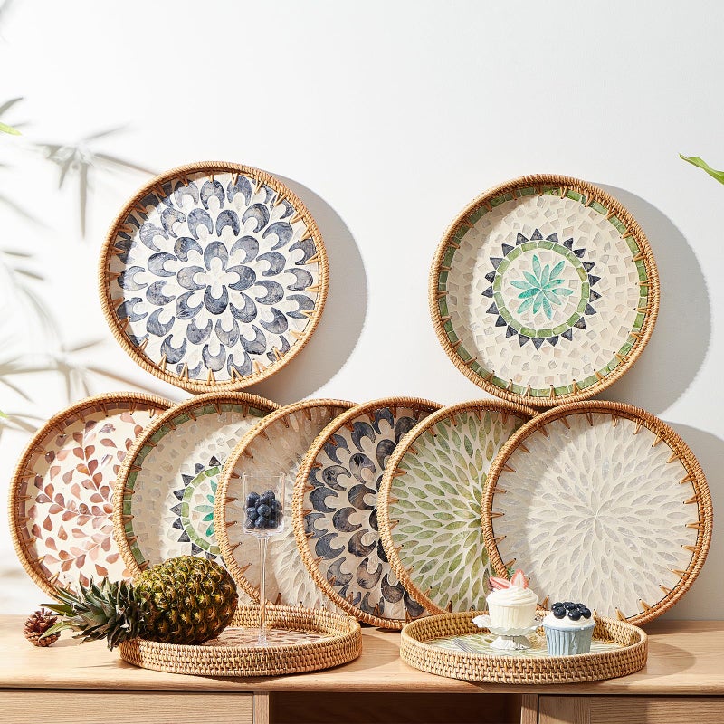 Kmelep Round Rattan Tray with Mother of Pearl Inlay, Rattan Serving Tray with Wooden Base, Decorative Wicker Basket for Table Decor, Storage and Display of Coffee Bread Food Fruit (Wicker) - Image 5