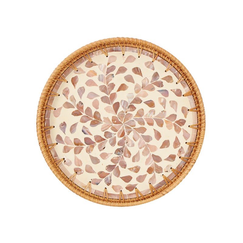 Kmelep Round Rattan Tray with Mother of Pearl Inlay, Rattan Serving Tray with Wooden Base, Decorative Wicker Basket for Table Decor, Storage and Display of Coffee Bread Food Fruit (Wicker) - Image 1