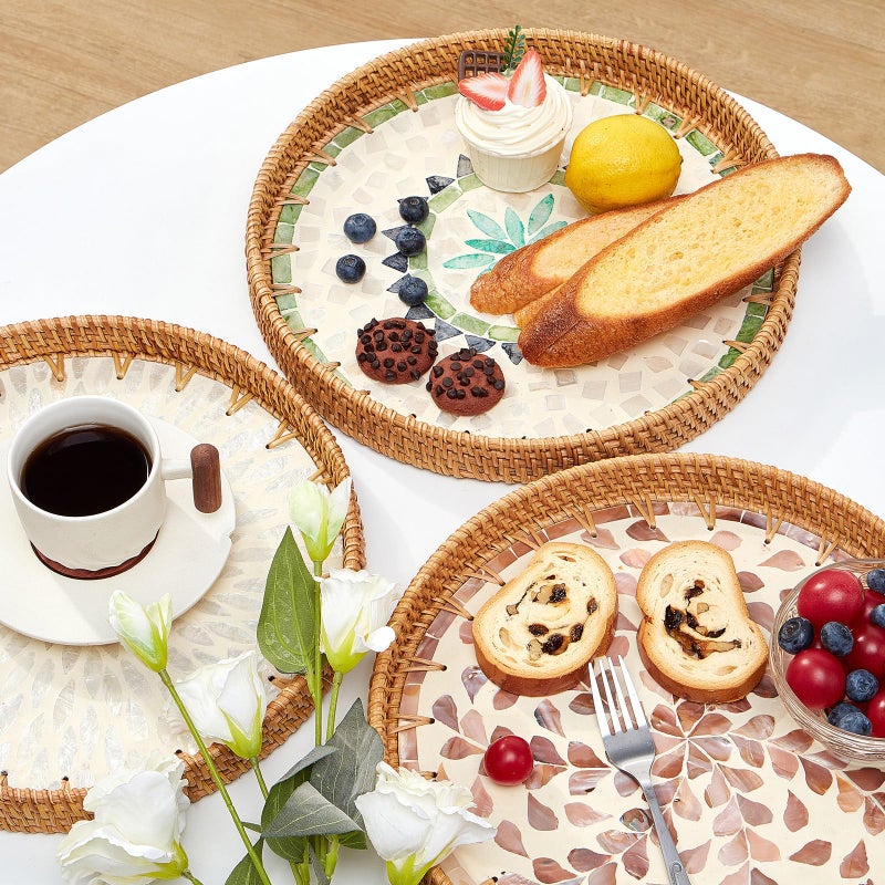 Kmelep Round Rattan Tray with Mother of Pearl Inlay, Rattan Serving Tray with Wooden Base, Decorative Wicker Basket for Table Decor, Storage and Display of Coffee Bread Food Fruit (Wicker) - Image 3