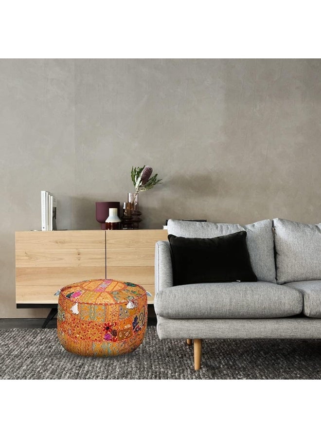 Aakriti Gallery Indian Pouf Footstool Ethnic Embroidered Pouf Cover, Indian Cotton Round Pouffe Ottoman Pouf Cover Pillow Ethnic Decor Art - Cover Only (Orange, 22X14) - Image 2