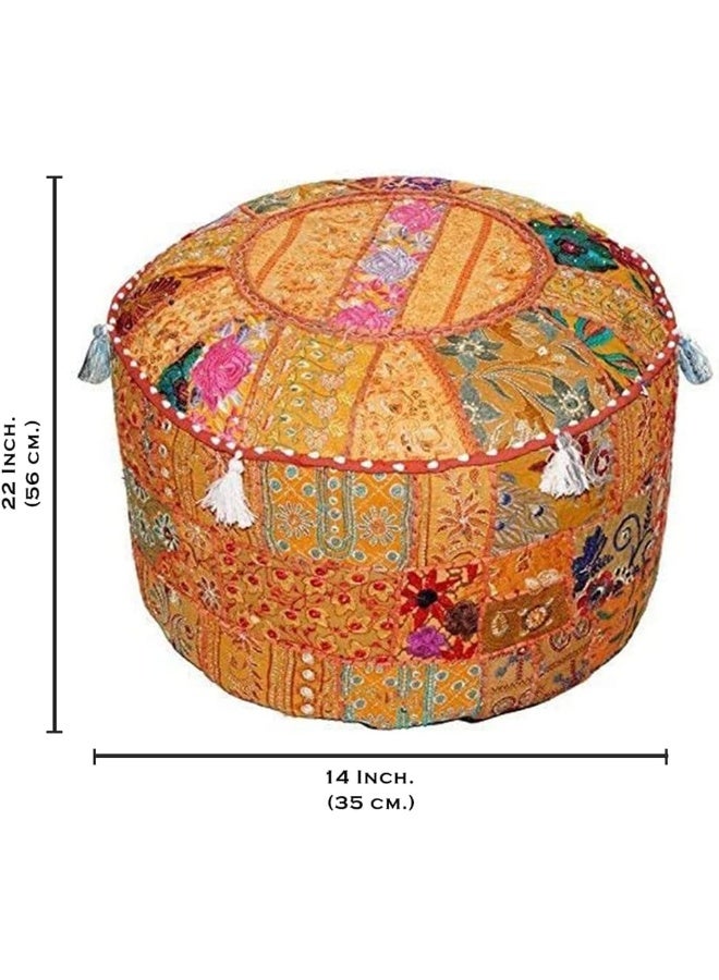 Aakriti Gallery Indian Pouf Footstool Ethnic Embroidered Pouf Cover, Indian Cotton Round Pouffe Ottoman Pouf Cover Pillow Ethnic Decor Art - Cover Only (Orange, 22X14) - Image 3