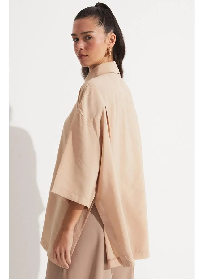 جون June Slit Detailed Flowy Shirt Tan