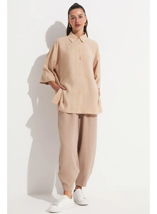 جون June Slit Detailed Flowy Shirt Tan