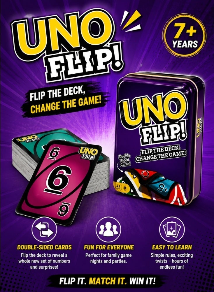 Mattel Games UNO Flip Card Game Steel Box 1x5inch - Image 1