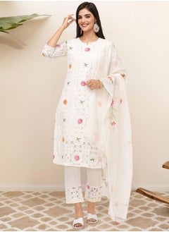 ISHIN Regular Fit Embellished Pattern Round Neck Neck Three-Quarter Sleeve Off White Colour Knitted Cotton Kurta Set for Women with Mid-Rise Closure - Elevate Your Fashion Game  - Image 3