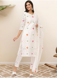 ISHIN Regular Fit Embellished Pattern Round Neck Neck Three-Quarter Sleeve Off White Colour Knitted Cotton Kurta Set for Women with Mid-Rise Closure - Elevate Your Fashion Game  - Image 1