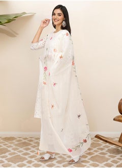 ISHIN Regular Fit Embellished Pattern Round Neck Neck Three-Quarter Sleeve Off White Colour Knitted Cotton Kurta Set for Women with Mid-Rise Closure - Elevate Your Fashion Game  - Image 2