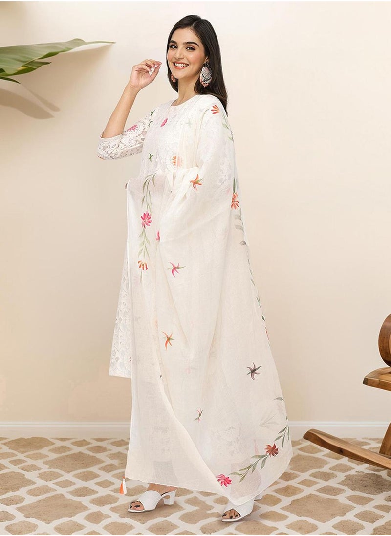ISHIN - Regular Fit Embellished Pattern Round Neck Neck Three-Quarter Sleeve Off White Colour Knitted Cotton Kurta Set for Women with Mid-Rise Closure - Elevate Your Fashion Game - Image 1