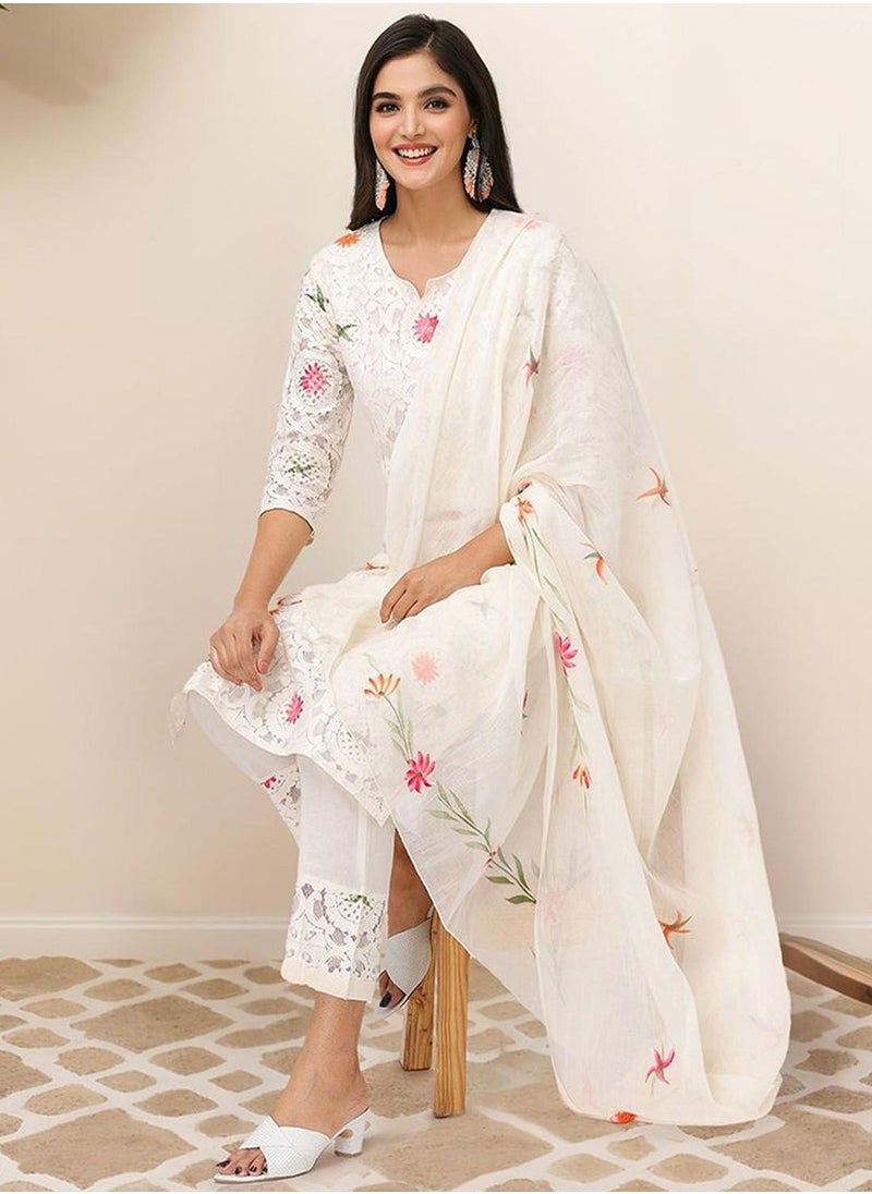 ISHIN - Regular Fit Embellished Pattern Round Neck Neck Three-Quarter Sleeve Off White Colour Knitted Cotton Kurta Set for Women with Mid-Rise Closure - Elevate Your Fashion Game - Image 1
