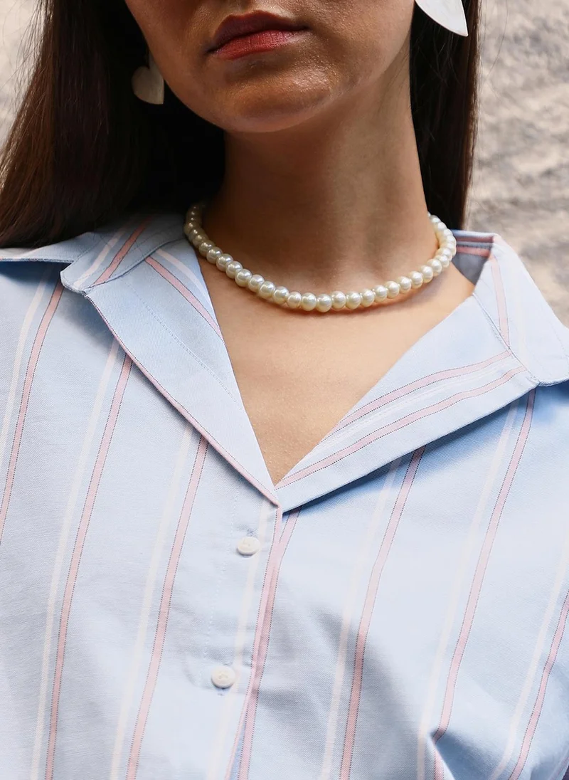 PINACOLADA Women's Baby Blue Contrast Striped Boxy Shirt For Casual Wear | Spread Collar | Regular Sleeves | Button Closure | Shirt Crafted With Comfort Fit For Everyday Wear