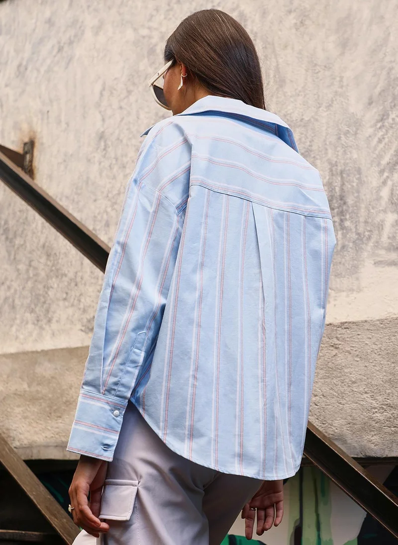 PINACOLADA Women's Baby Blue Contrast Striped Boxy Shirt For Casual Wear | Spread Collar | Regular Sleeves | Button Closure | Shirt Crafted With Comfort Fit For Everyday Wear