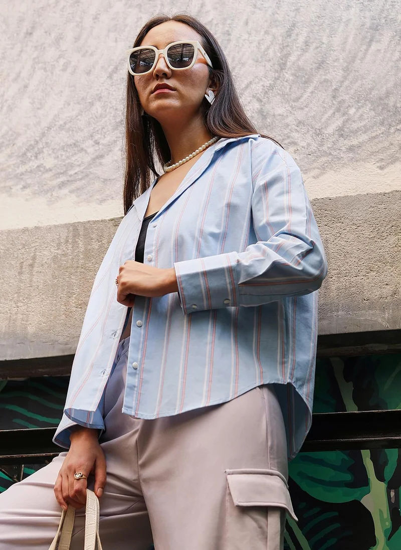 PINACOLADA Women's Baby Blue Contrast Striped Boxy Shirt For Casual Wear | Spread Collar | Regular Sleeves | Button Closure | Shirt Crafted With Comfort Fit For Everyday Wear