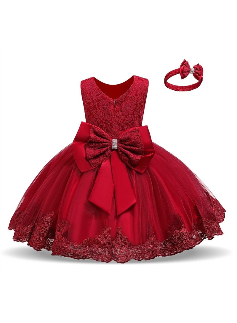 Girls' Dress Gauze Cake Pompadour Dress Bow Princess Hair band Dress Red  - Image 1
