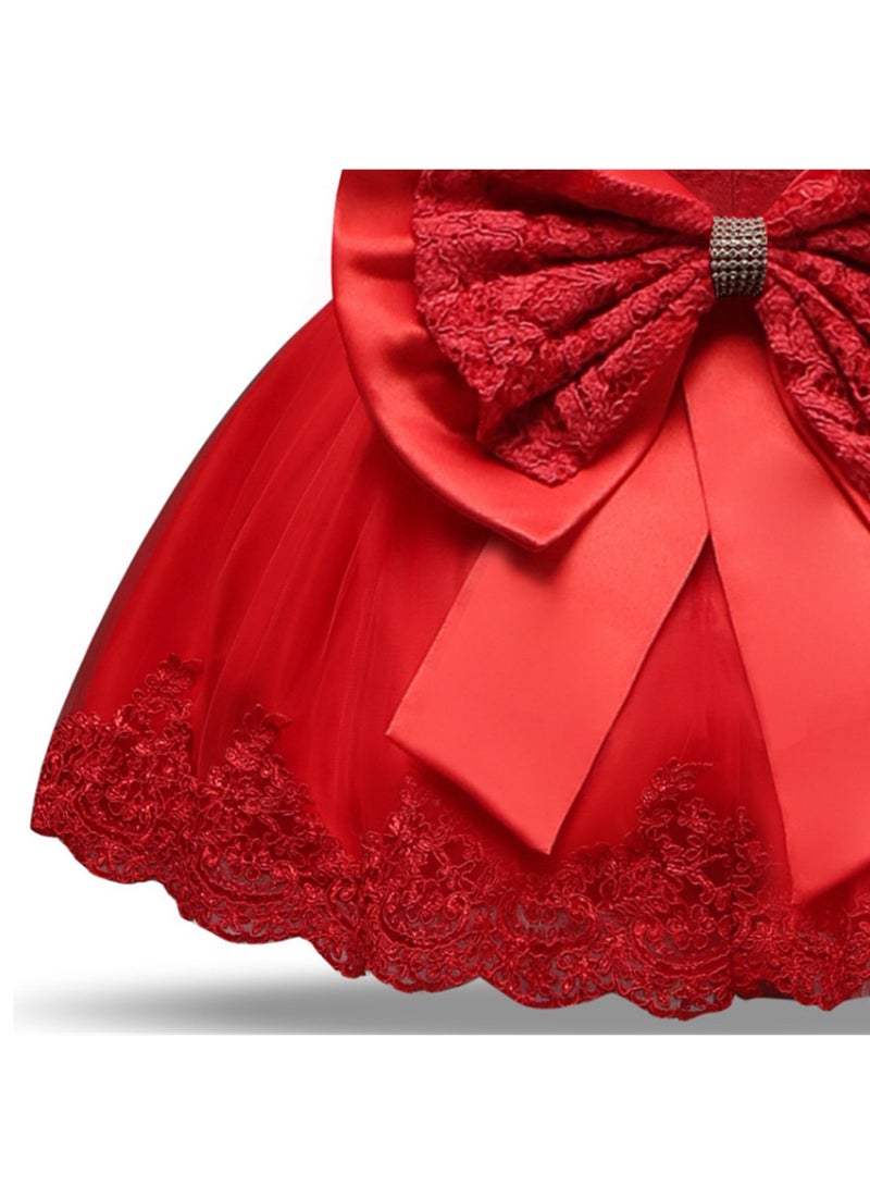 Girls' Dress Gauze Cake Pompadour Dress Bow Princess Hair band Dress Red  - Image 3