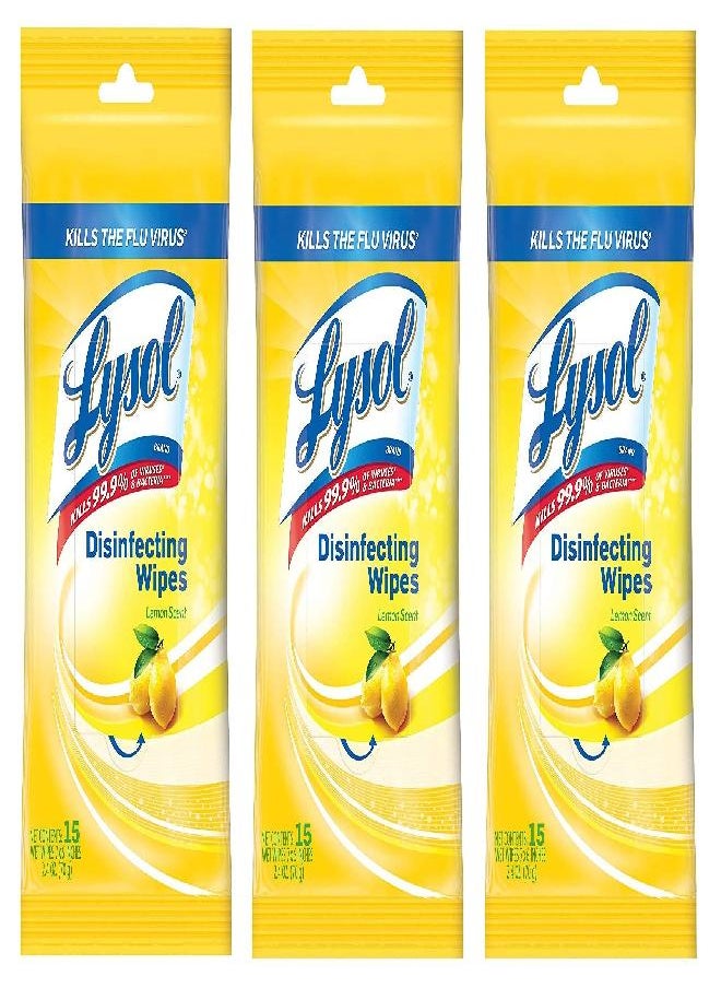 Lysol - Lysol Disinfecting Wipes To-Go Pack, Lemon Scent, 15 Count (Pack of 3) - Image 1