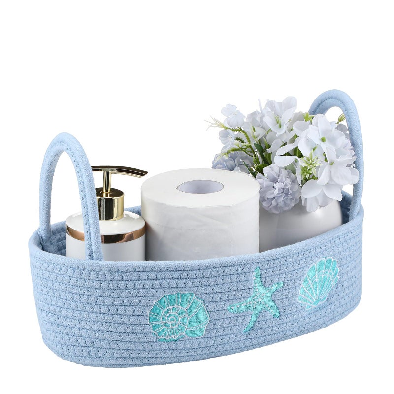 Vesici Ocean Woven Toilet Paper Basket Boho Coastal Cotton Rope Bin with Starfish Seashell Conch Blue Bathroom Storage Basket Gift for Toilet Tank Top Closet Nursery Toys Organizing, 13 x 6 x 4 Inch - Image 1