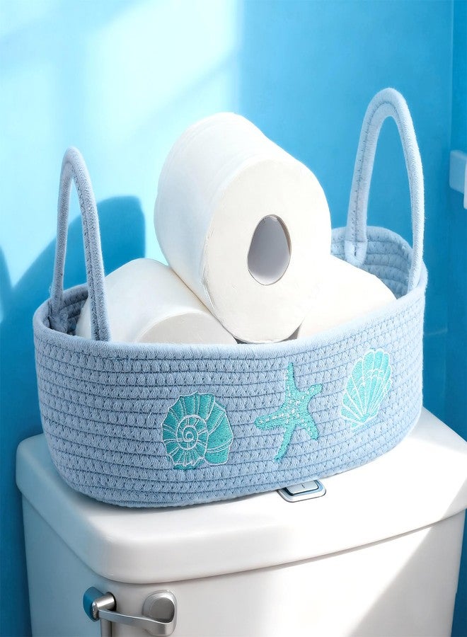 Vesici Ocean Woven Toilet Paper Basket Boho Coastal Cotton Rope Bin with Starfish Seashell Conch Blue Bathroom Storage Basket Gift for Toilet Tank Top Closet Nursery Toys Organizing, 13 x 6 x 4 Inch - Image 2