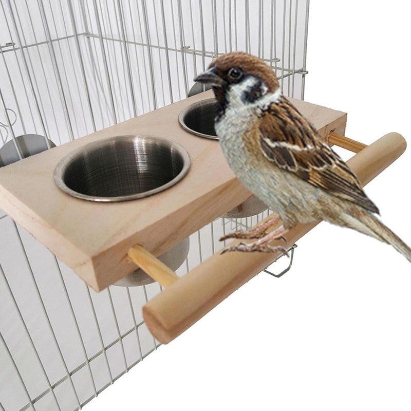Baoblaze Bird Feeding Dish Cups,Hanging Stainless Steel Parrot Cage Feeder & Water Bowl with Wooden Platform for Parakeet Cockatiels Budgie - Image 2